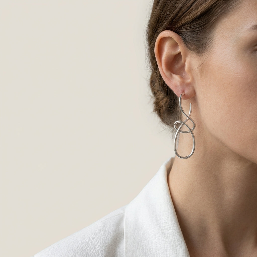 Sculptural Link Drop Earrings – Silver Tone