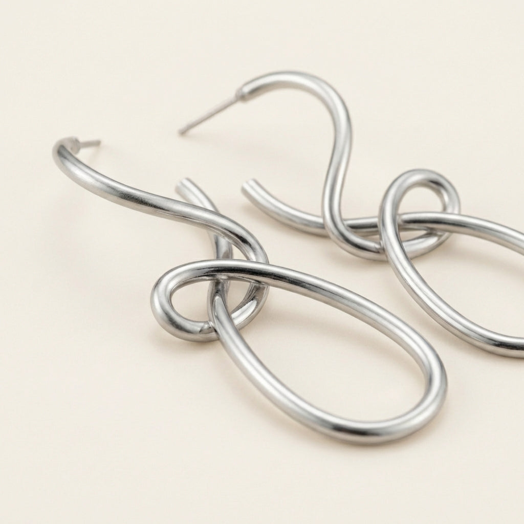 Sculptural Link Drop Earrings – Silver Tone