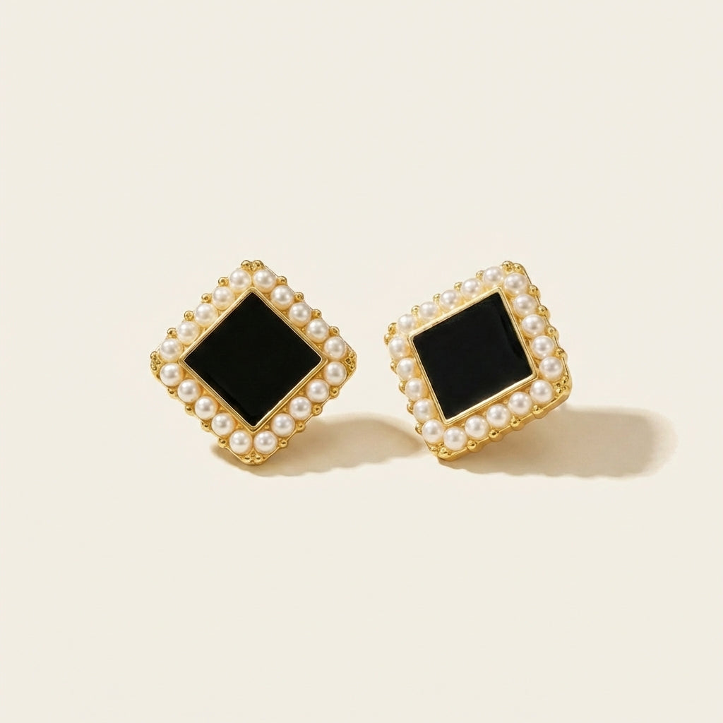 Square Pearl Frame Stud Earrings