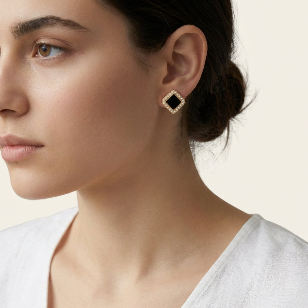 Square Pearl Frame Stud Earrings