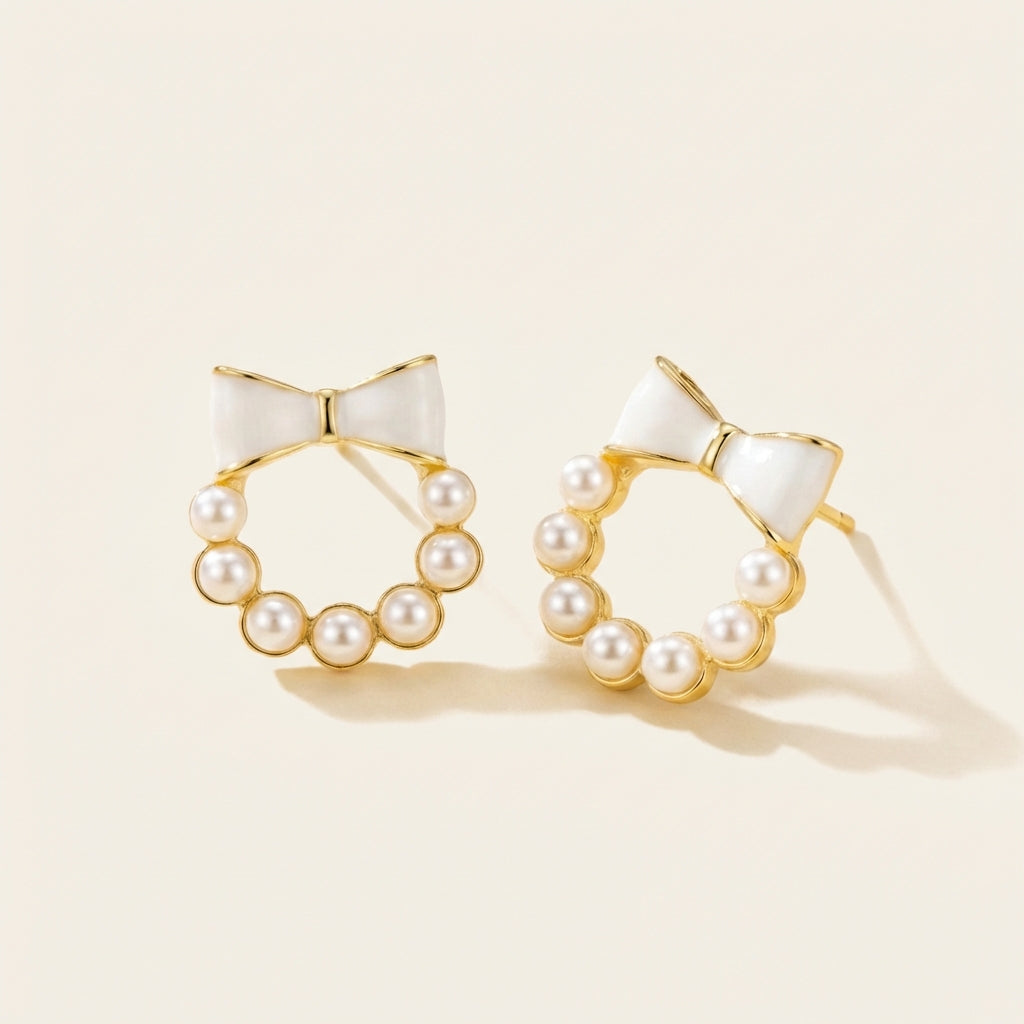 Bow Pearl Circle Stud Earrings