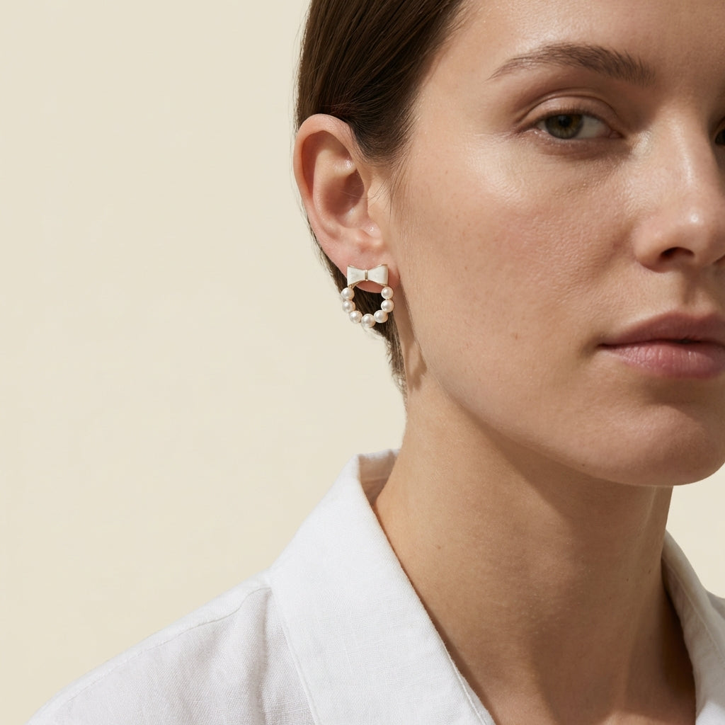 Bow Pearl Circle Stud Earrings