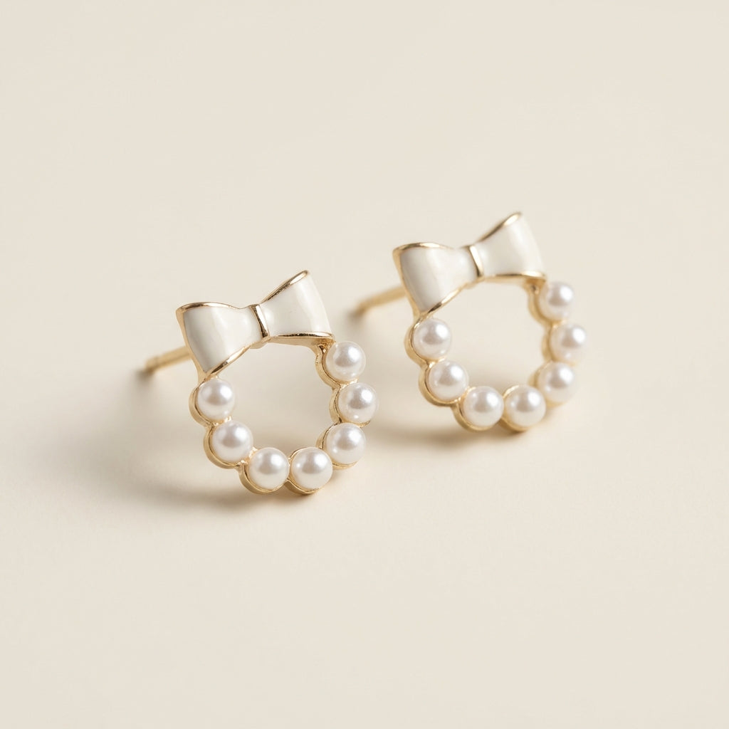 Bow Pearl Circle Stud Earrings